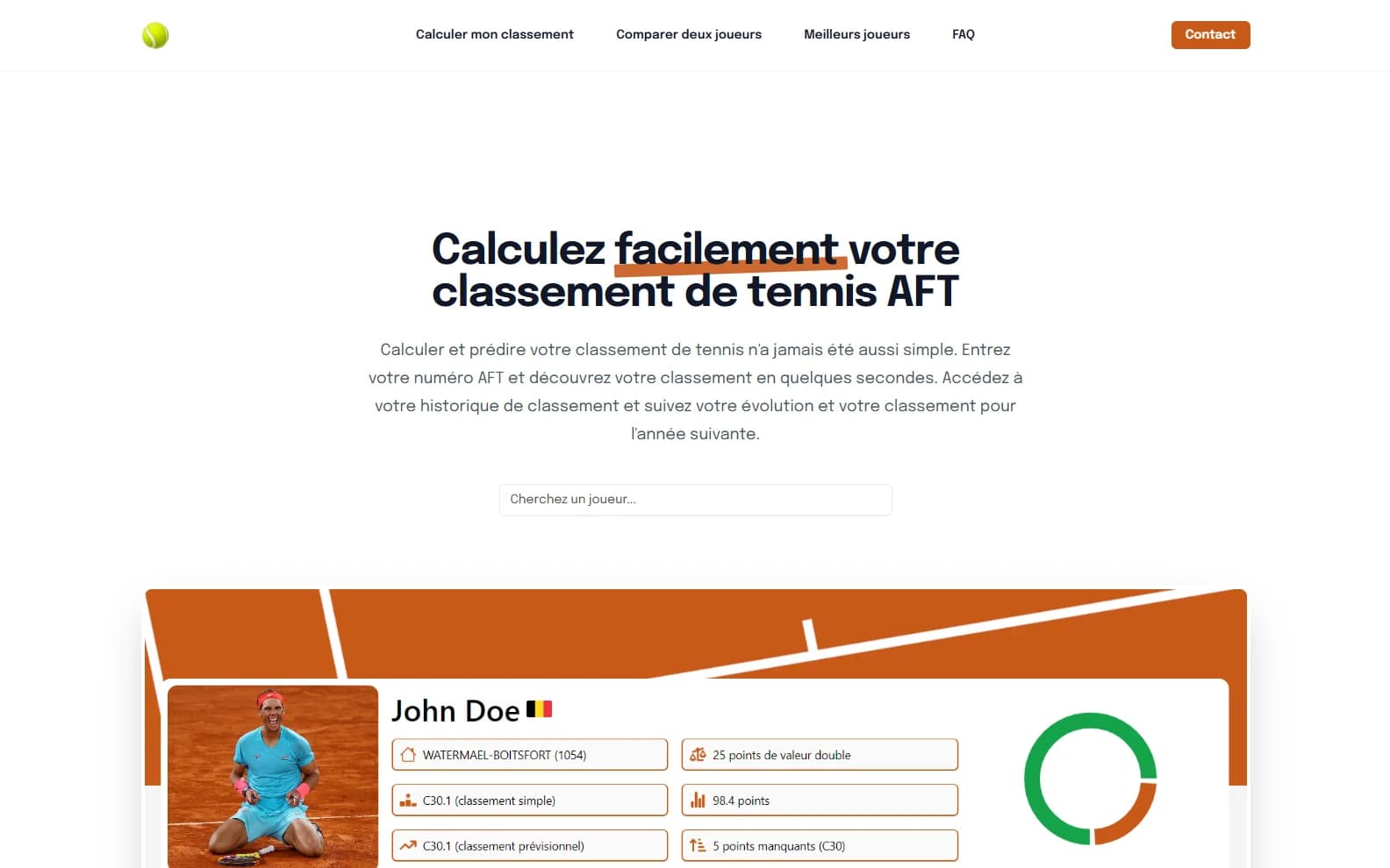 Screenshot of the Mon Classement Tennis website