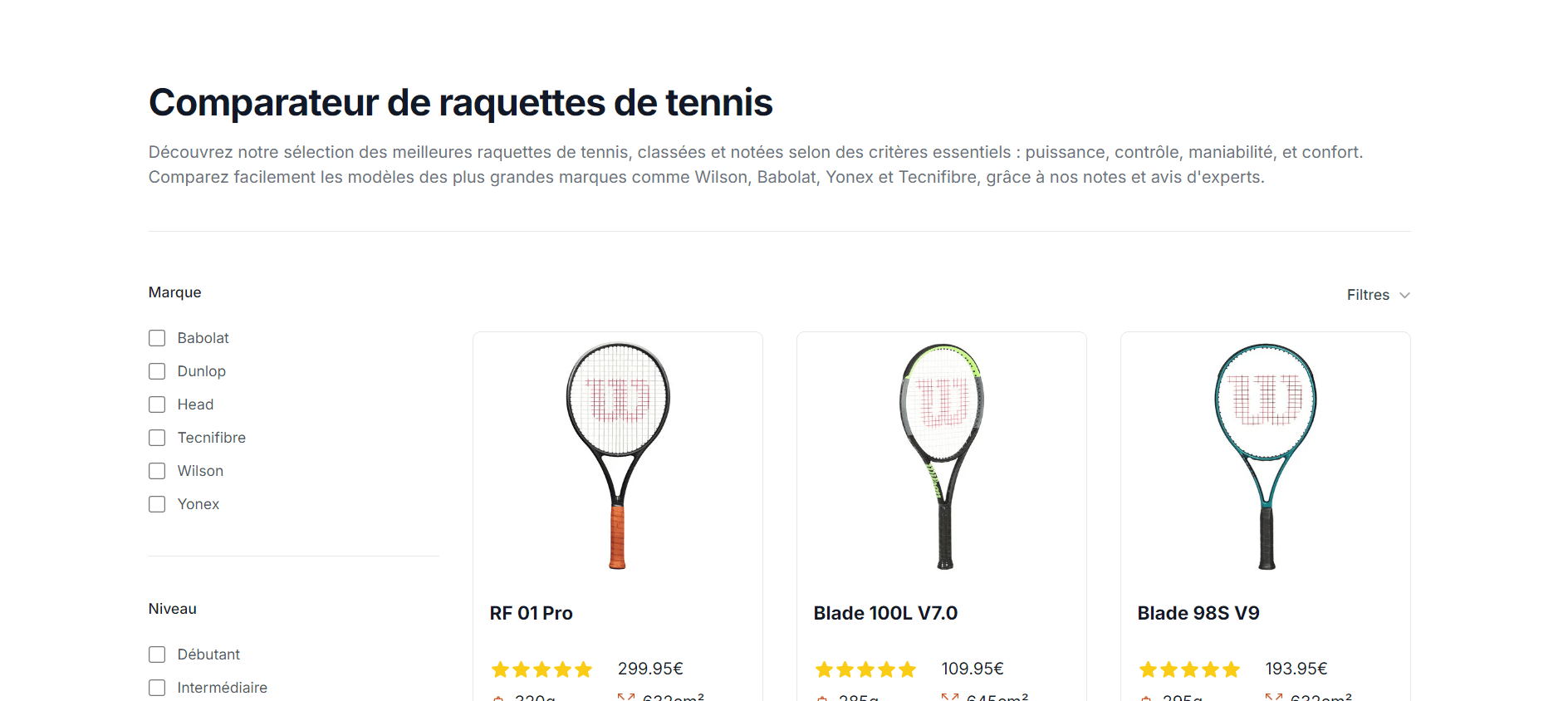 Comparateur raquettes tennis